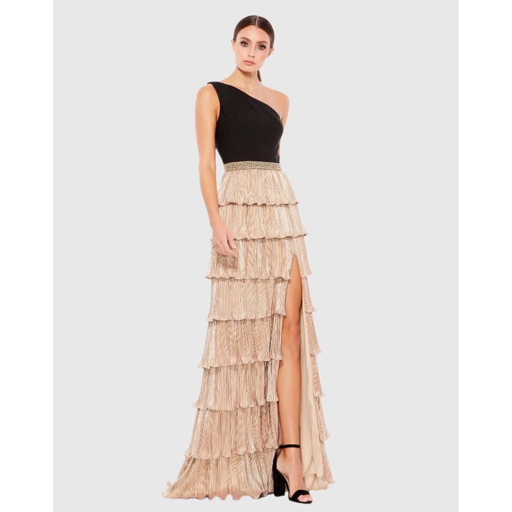 IEENA for Mac Duggal One Shoulder Tiered Metallic Gown Black Rose Gold 26541 0